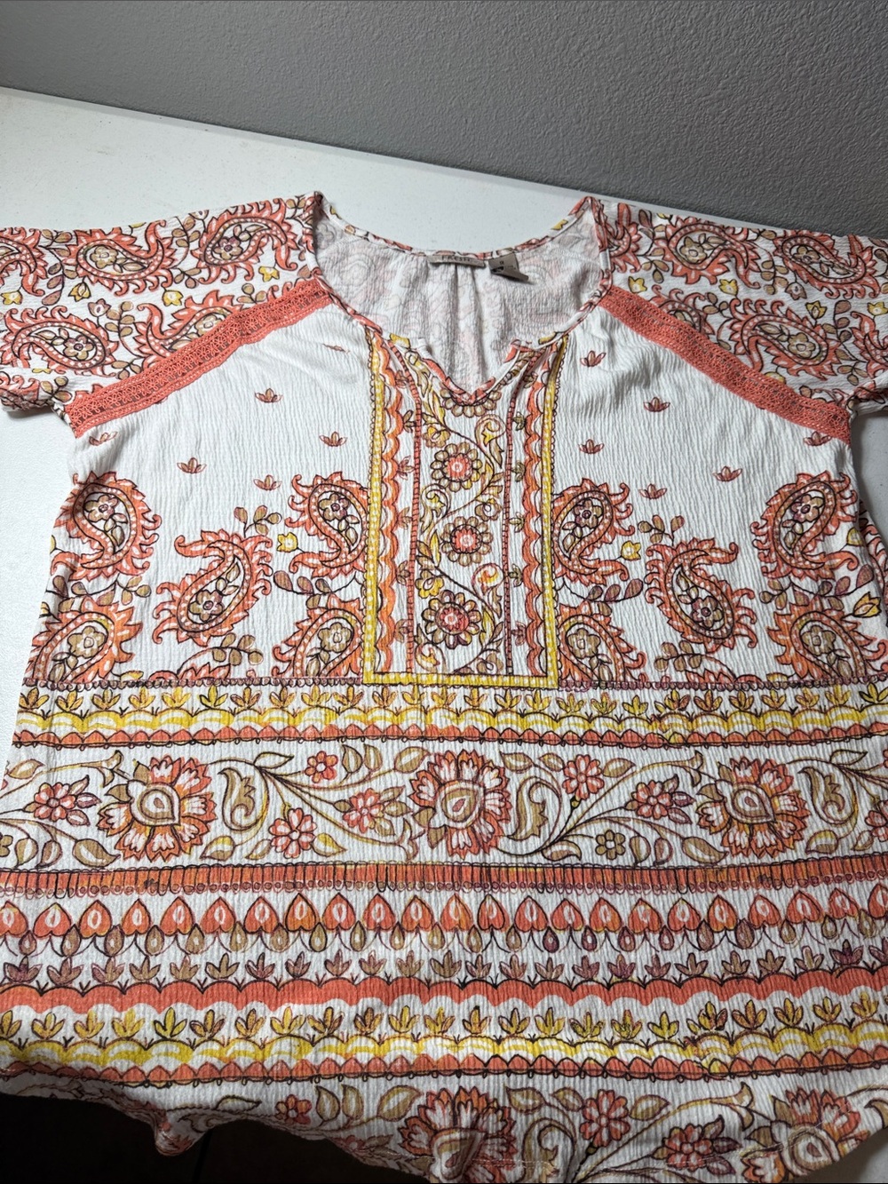 White Paisley & Floral Short Sleeve Tunic with Orange and Yellow Detail